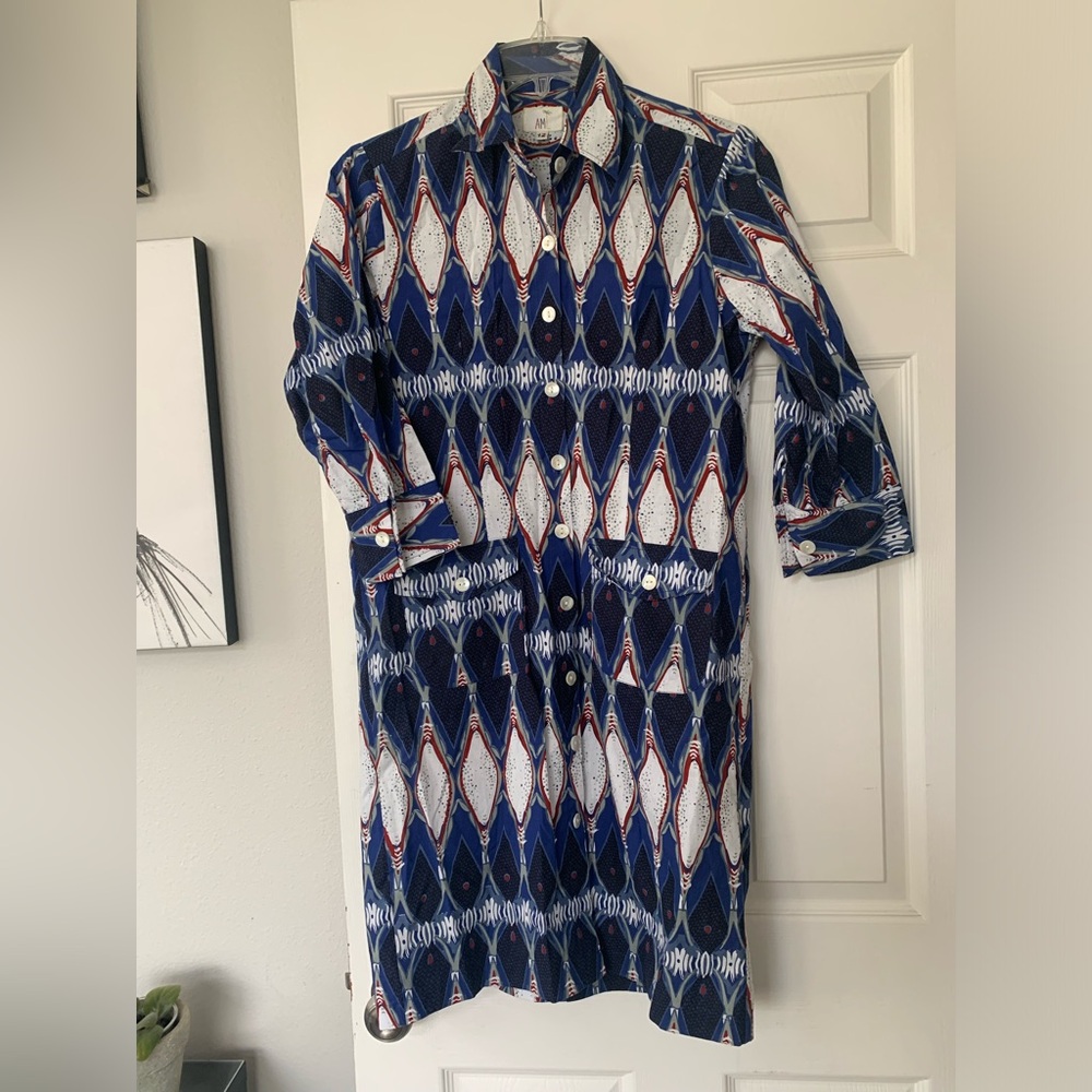 Blue,white & red printed cotton short dress. 2 pockets, shell buttons.